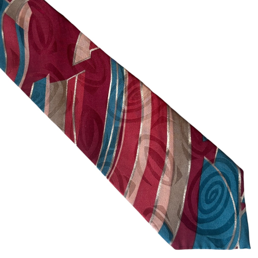 Oscar de la Renta Silk Tie Vintage Abstract Geometric‎ Red Teal Metallic Silver